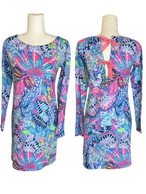 RARE Lilly Pulitzer Fantasy Garden Tie Bow Back Long Sleeve Knit Mini Dress - S